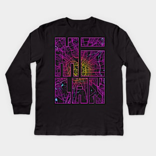 Milan, Italy City Map Typography - Neon Kids Long Sleeve T-Shirt